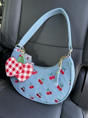 Betsey Johnson Cherry Denim Shoulder Bag w/ Gingham Heart Charm Y2K NWT